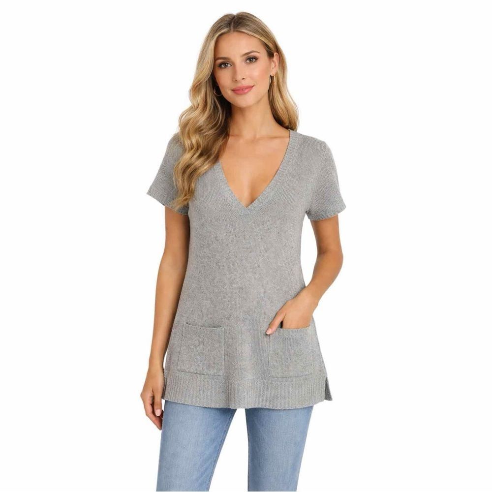 Eileen Fisher Wool and Silk Gray V-Neck Short Sleeve Knit Tunic Sweater